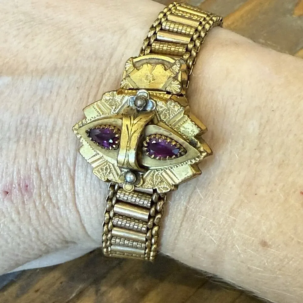 Antique Victorian Gold Filled Mesh Slide Bracelet Amethyst Glass Seed Pearl 1882 - Picture 10 of 13